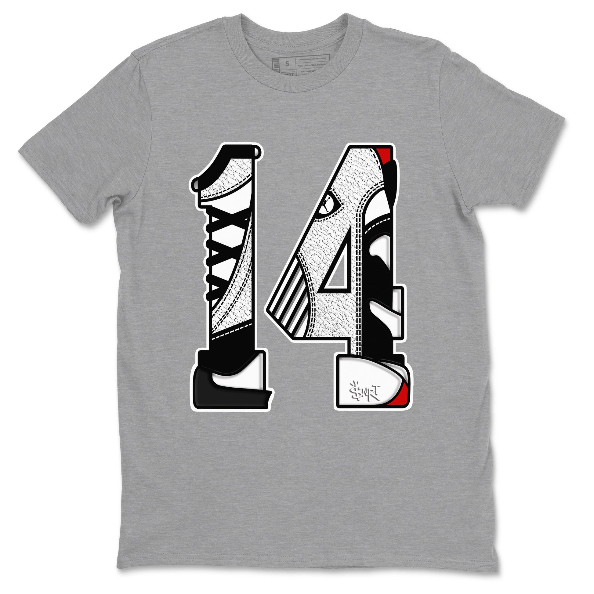 14s Black Toe t shirts to match sneakers Number 14 sneaker match tees Air Jordan 14 Black Toe shirt SNRT Sneaker Tees unisex cotton Heather Grey 2 shirts