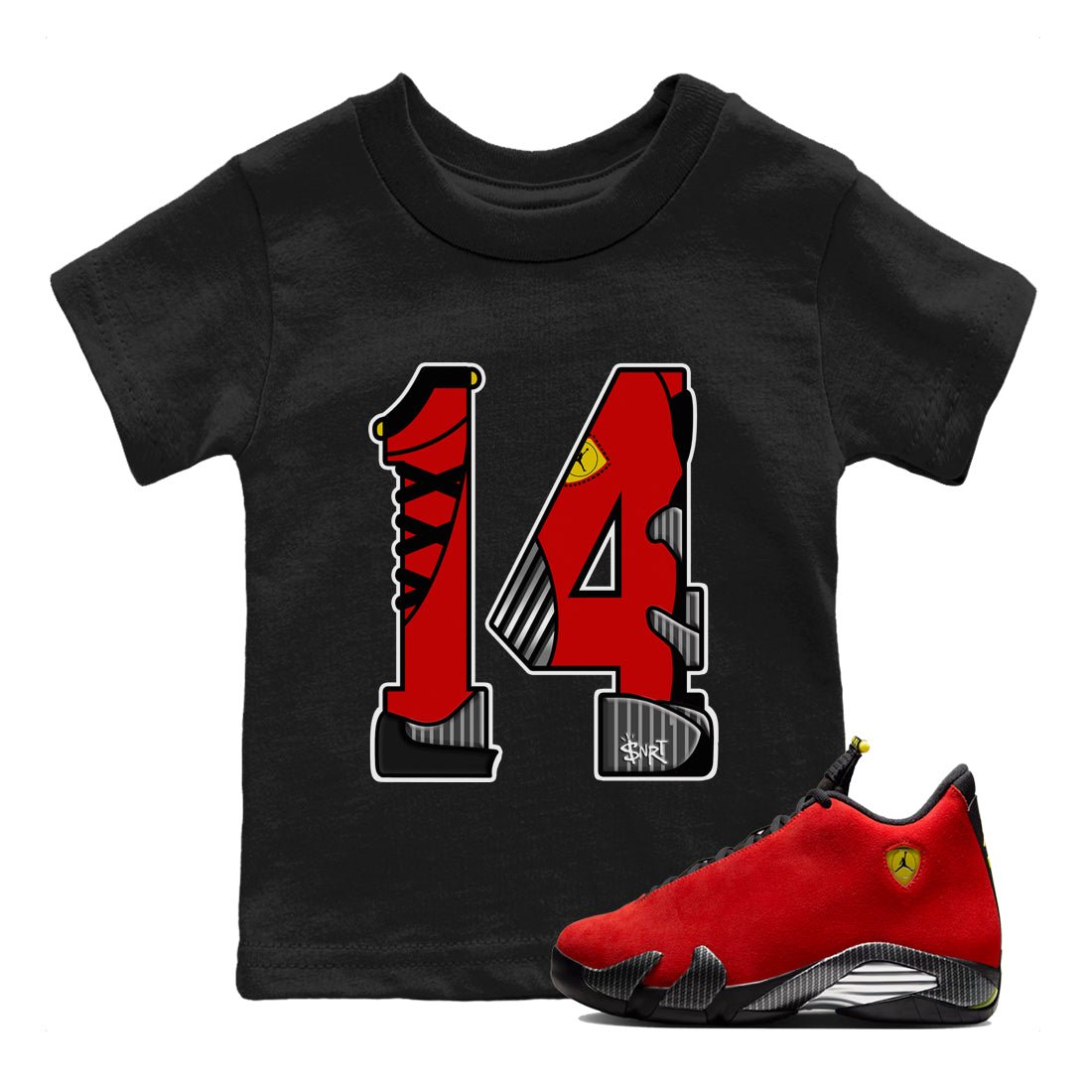 Number 14 baby and kids t-shirt crafted for little sneakerheads to shine with the Air Jordan 14 Challenge Red sneakers, AJ14 Ferrari,  displayed in Black 1.