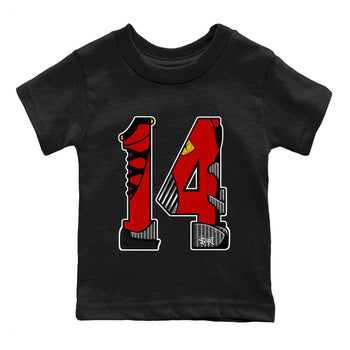 Number 14 baby and kids t-shirt crafted for little sneakerheads to shine with the Air Jordan 14 Challenge Red sneakers, AJ14 Ferrari,  displayed in Black 2.