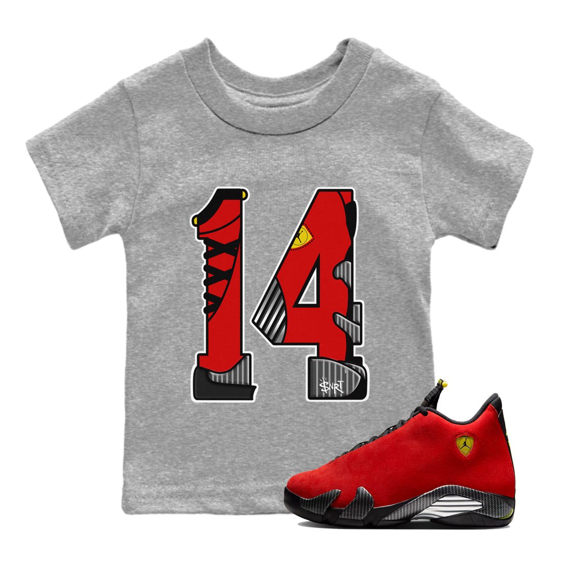 Number 14 baby and kids t-shirt crafted for little sneakerheads to shine with the Air Jordan 14 Challenge Red sneakers, AJ14 Ferrari,  displayed in Heather Grey 1.