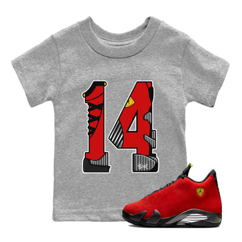 Number 14 baby and kids t-shirt crafted for little sneakerheads to shine with the Air Jordan 14 Challenge Red sneakers, AJ14 Ferrari,  displayed in Heather Grey 1.