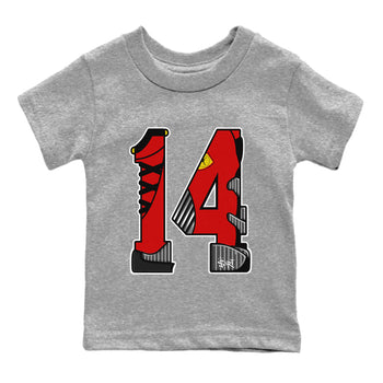Number 14 baby and kids t-shirt crafted for little sneakerheads to shine with the Air Jordan 14 Challenge Red sneakers, AJ14 Ferrari,  displayed in Heather Grey 2.