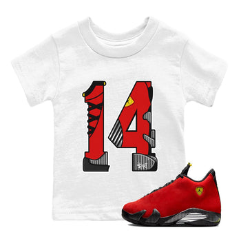 Number 14 baby and kids t-shirt crafted for little sneakerheads to shine with the Air Jordan 14 Challenge Red sneakers, AJ14 Ferrari,  displayed in White 1.