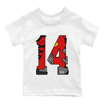 Number 14 baby and kids t-shirt crafted for little sneakerheads to shine with the Air Jordan 14 Challenge Red sneakers, AJ14 Ferrari,  displayed in White 2.