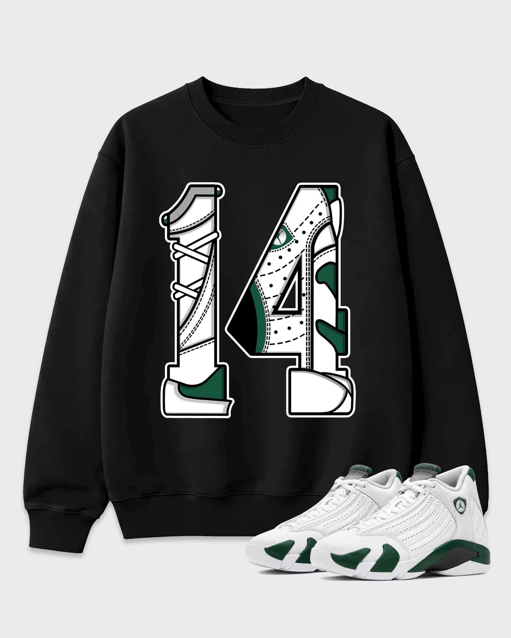 Number 14 Graphic T-Shirt featuring original streetwear artwork designed to match the Air Jordan 14 Forest Green. Black 1 Graphic Tee.