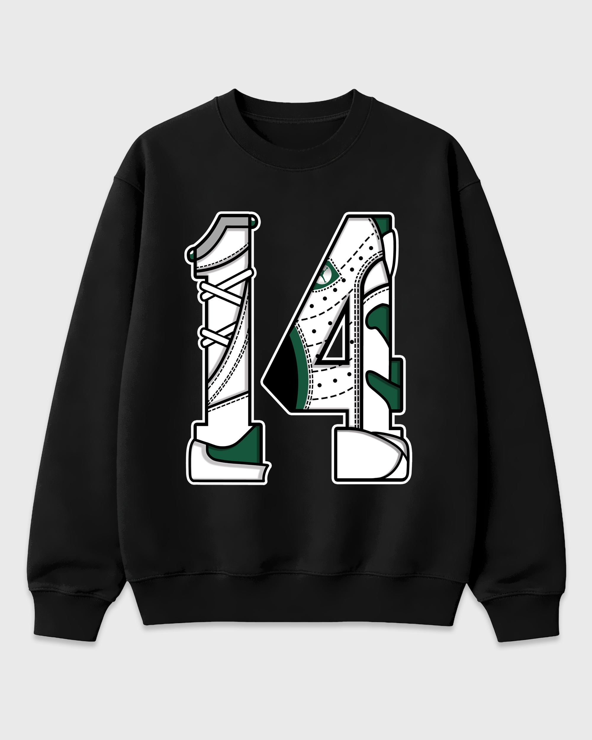 Number 14 Graphic T-Shirt featuring original streetwear artwork designed to match the Air Jordan 14 Forest Green. Black 2 Graphic Tee.