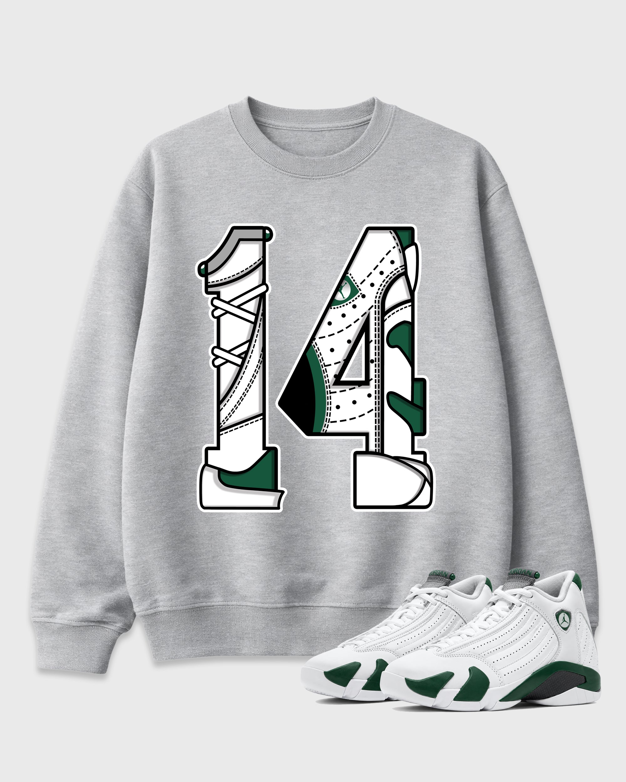 Number 14 Graphic T-Shirt featuring original streetwear artwork designed to match the Air Jordan 14 Forest Green. Heather Grey 1 Graphic Tee.