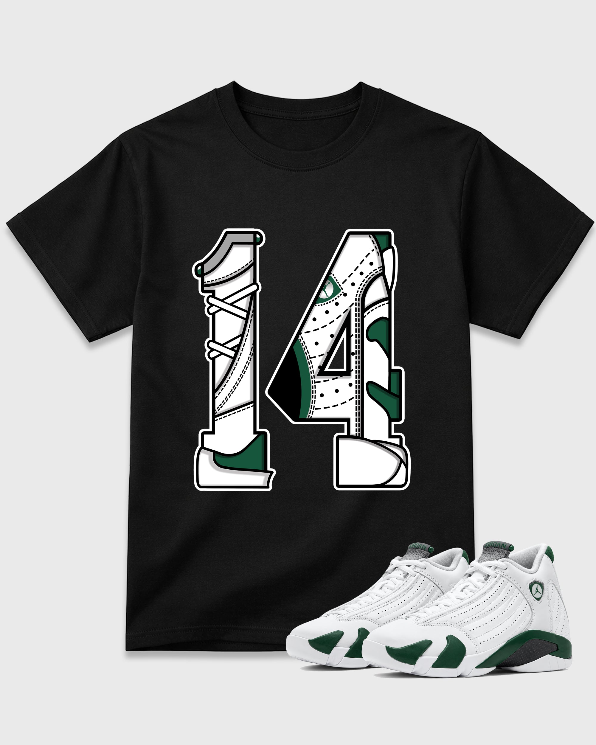 Number 14 Graphic T-Shirt featuring original streetwear artwork designed to match the Air Jordan 14 Forest Green. Black 1 Graphic T-Shirt.