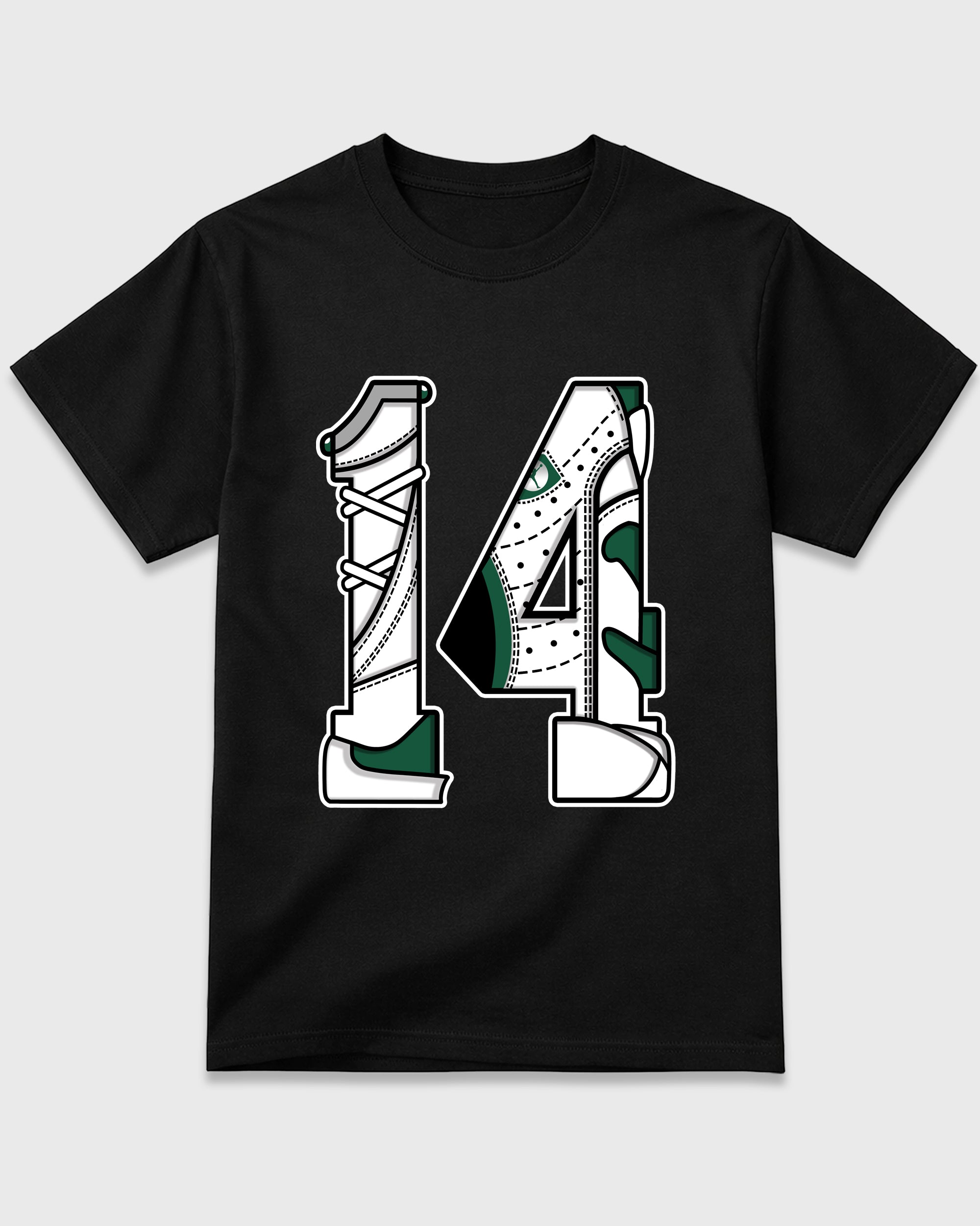 Number 14 Graphic T-Shirt featuring original streetwear artwork designed to match the Air Jordan 14 Forest Green. Black 2 Graphic T-Shirt.