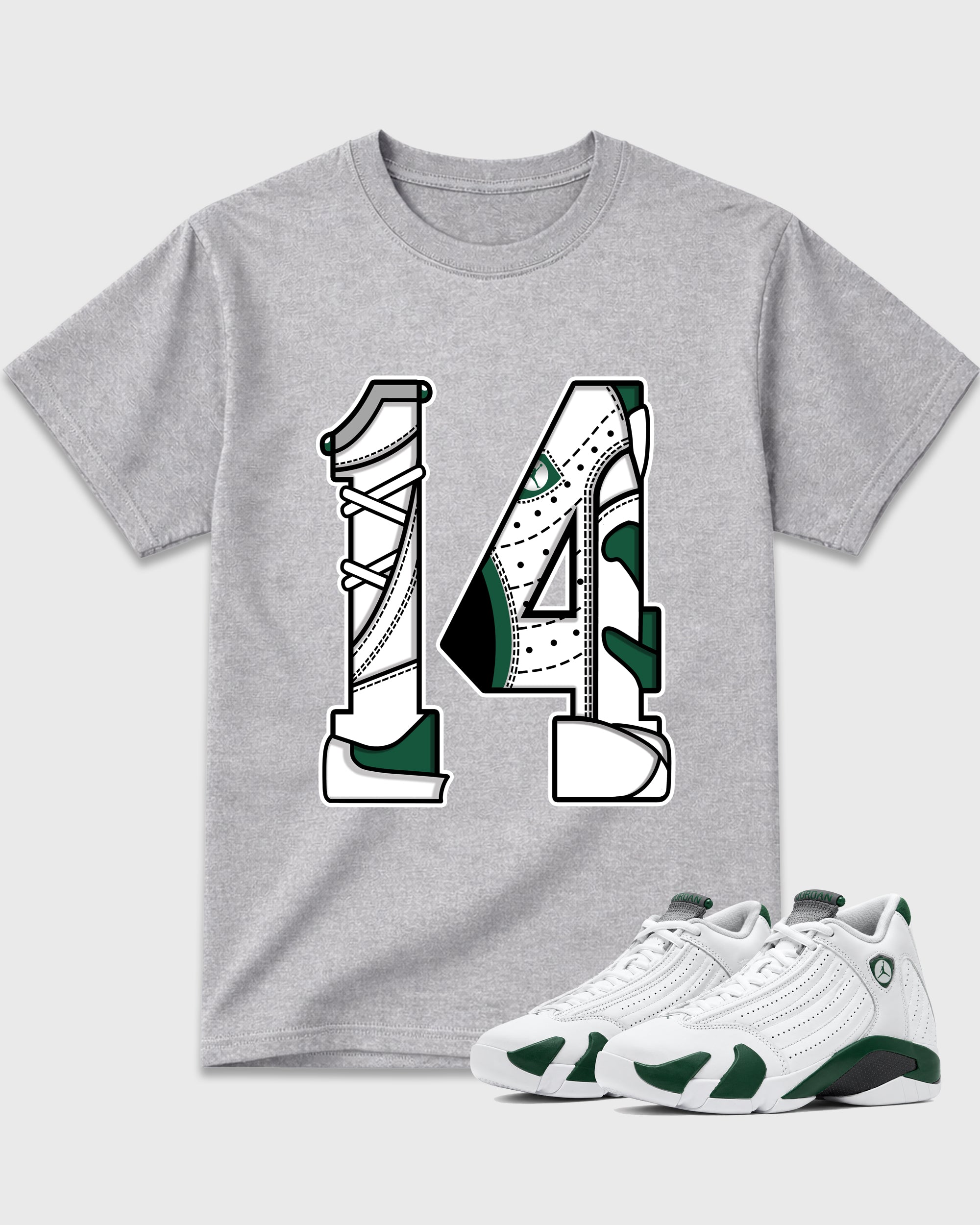 Number 14 Graphic T-Shirt featuring original streetwear artwork designed to match the Air Jordan 14 Forest Green. Heather Grey 1 Graphic T-Shirt.