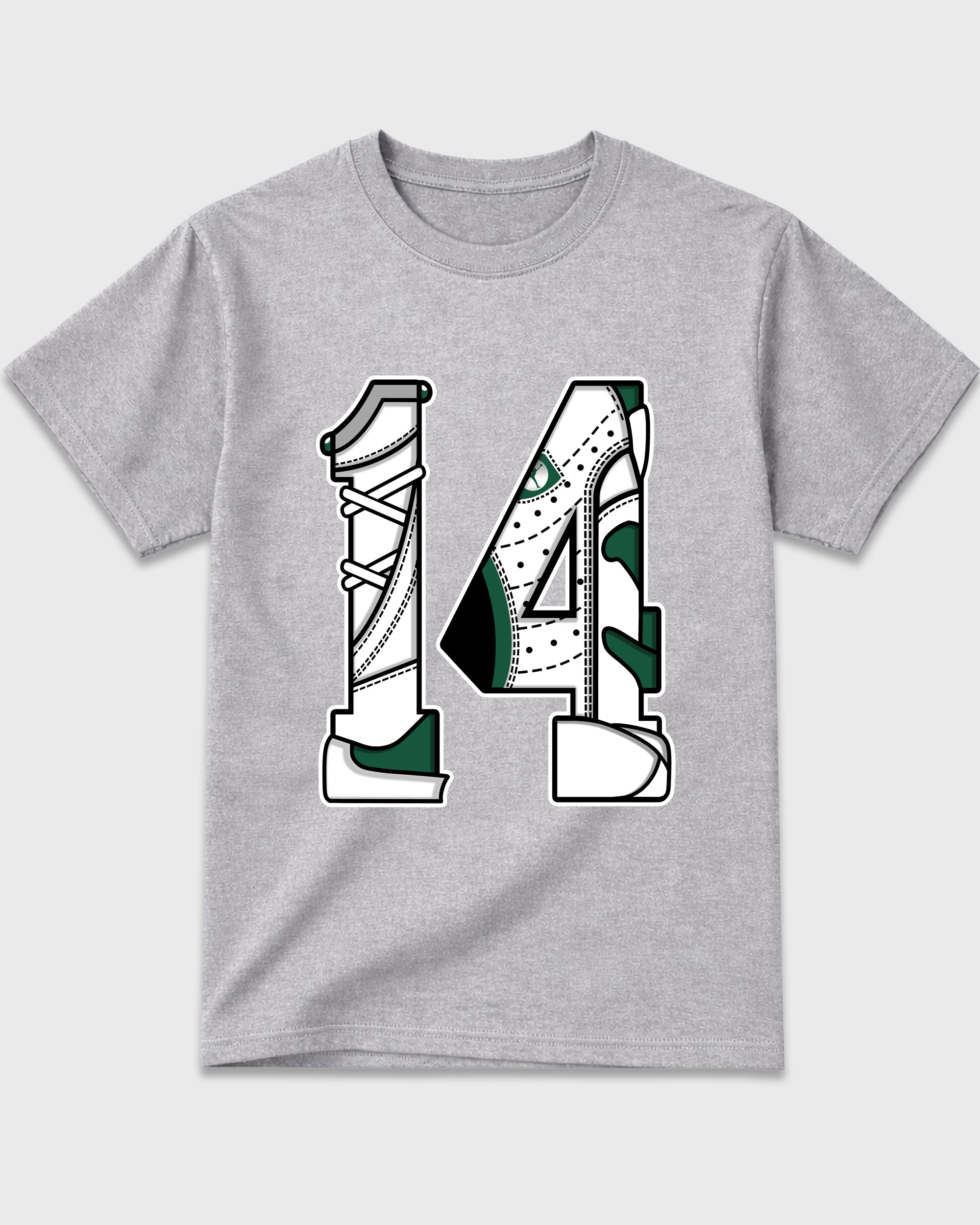 Number 14 Graphic T-Shirt featuring original streetwear artwork designed to match the Air Jordan 14 Forest Green. Heather Grey 2 Graphic T-Shirt.