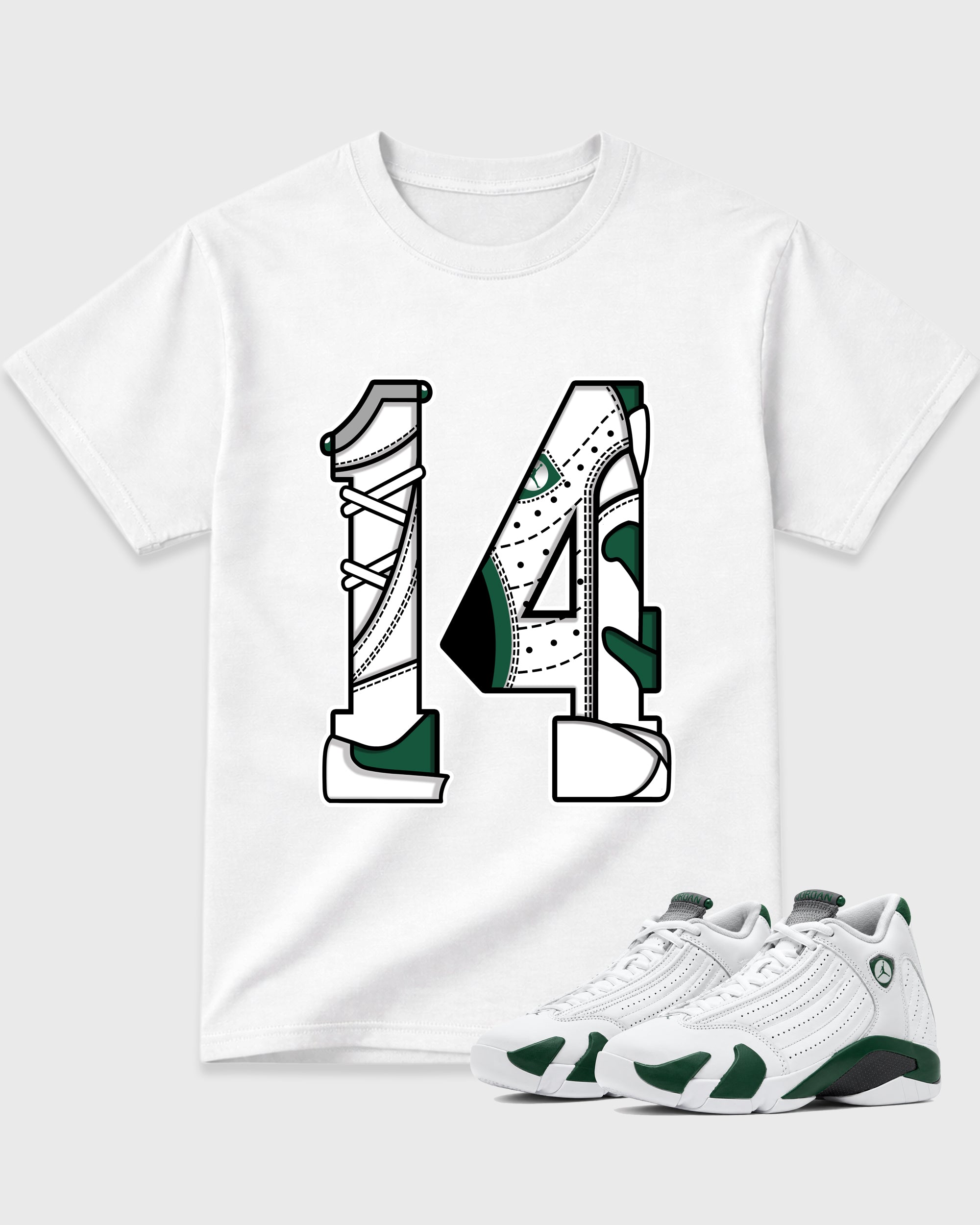 Number 14 Graphic T-Shirt featuring original streetwear artwork designed to match the Air Jordan 14 Forest Green. White 1 Graphic T-Shirt.