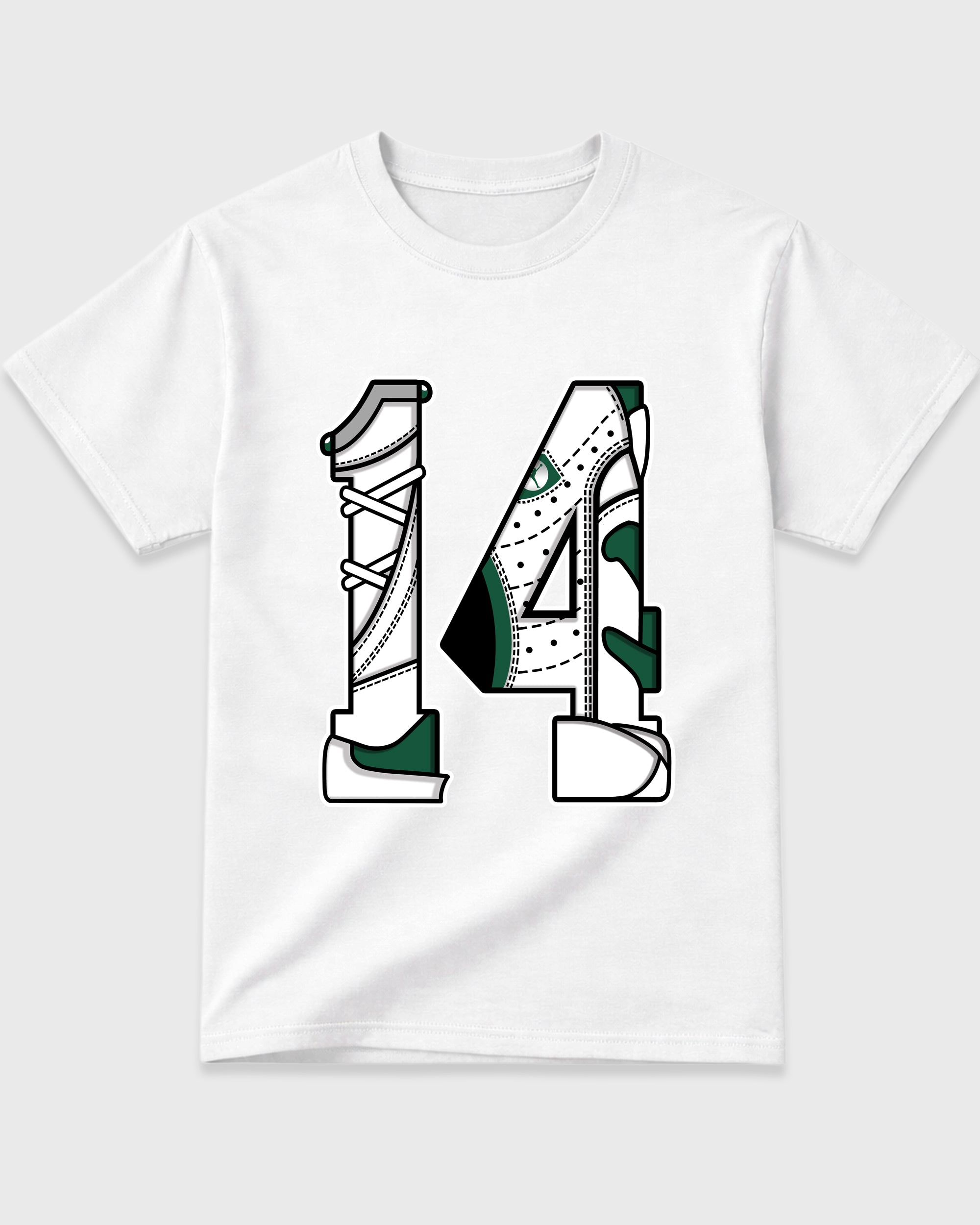 Number 14 Graphic T-Shirt featuring original streetwear artwork designed to match the Air Jordan 14 Forest Green. White 2 Graphic T-Shirt.
