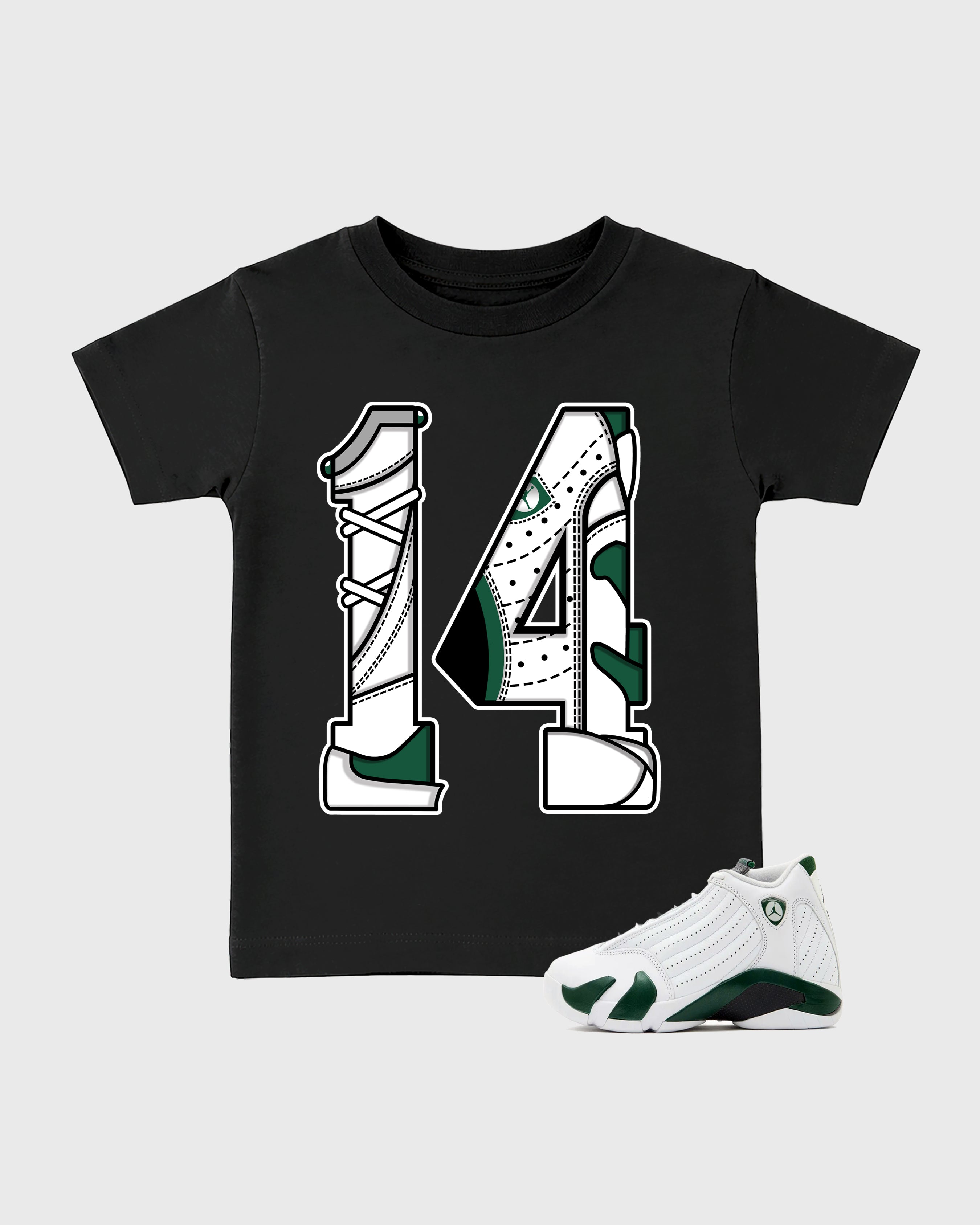 Number 14 Baby & Kids Graphic T-Shirt featuring original artwork designed to match the Air Jordan 14 Forest Green. Black 1 Kids Graphic Tee.