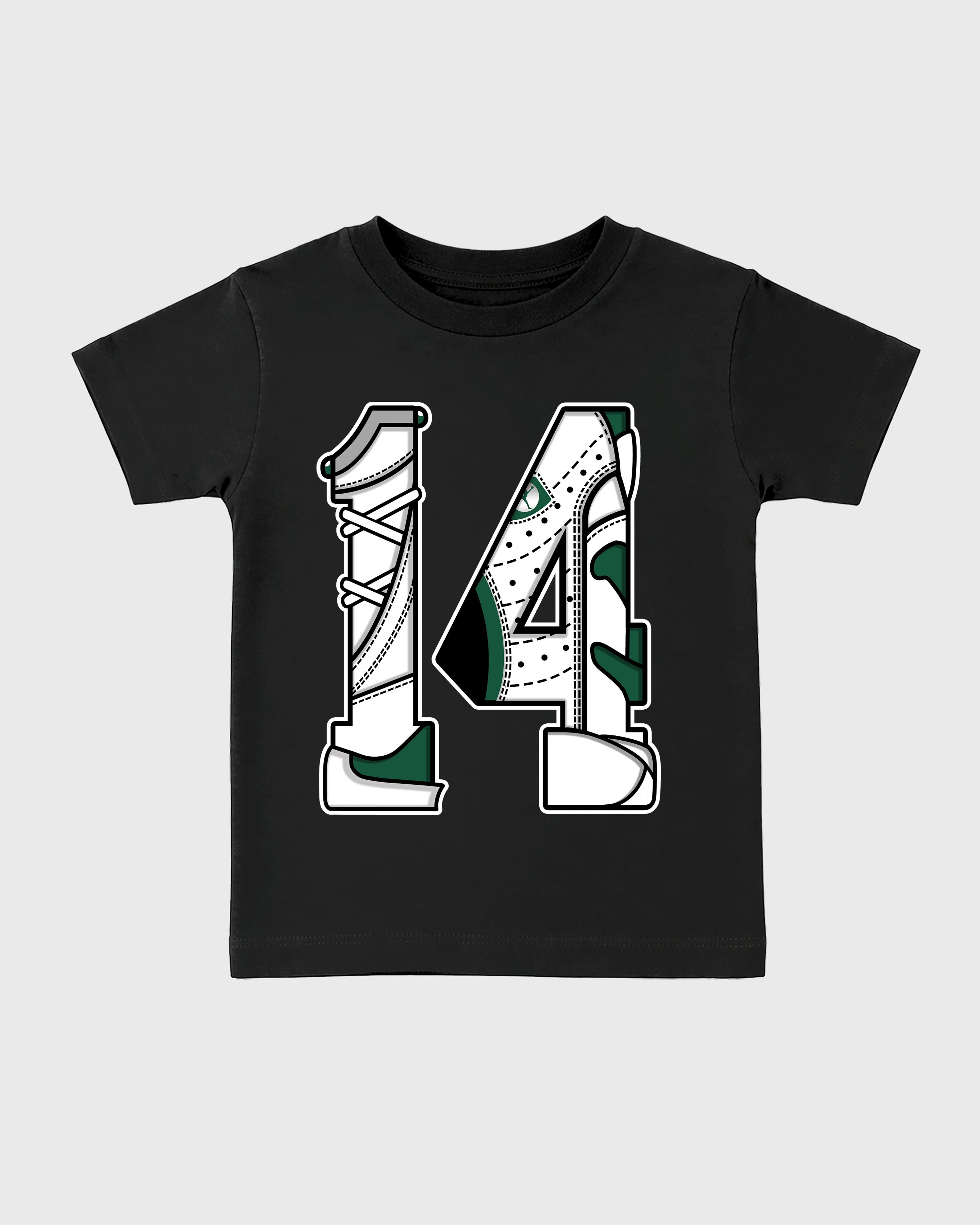 Number 14 Baby & Kids Graphic T-Shirt featuring original artwork designed to match the Air Jordan 14 Forest Green. Black 2 Kids Graphic Tee.
