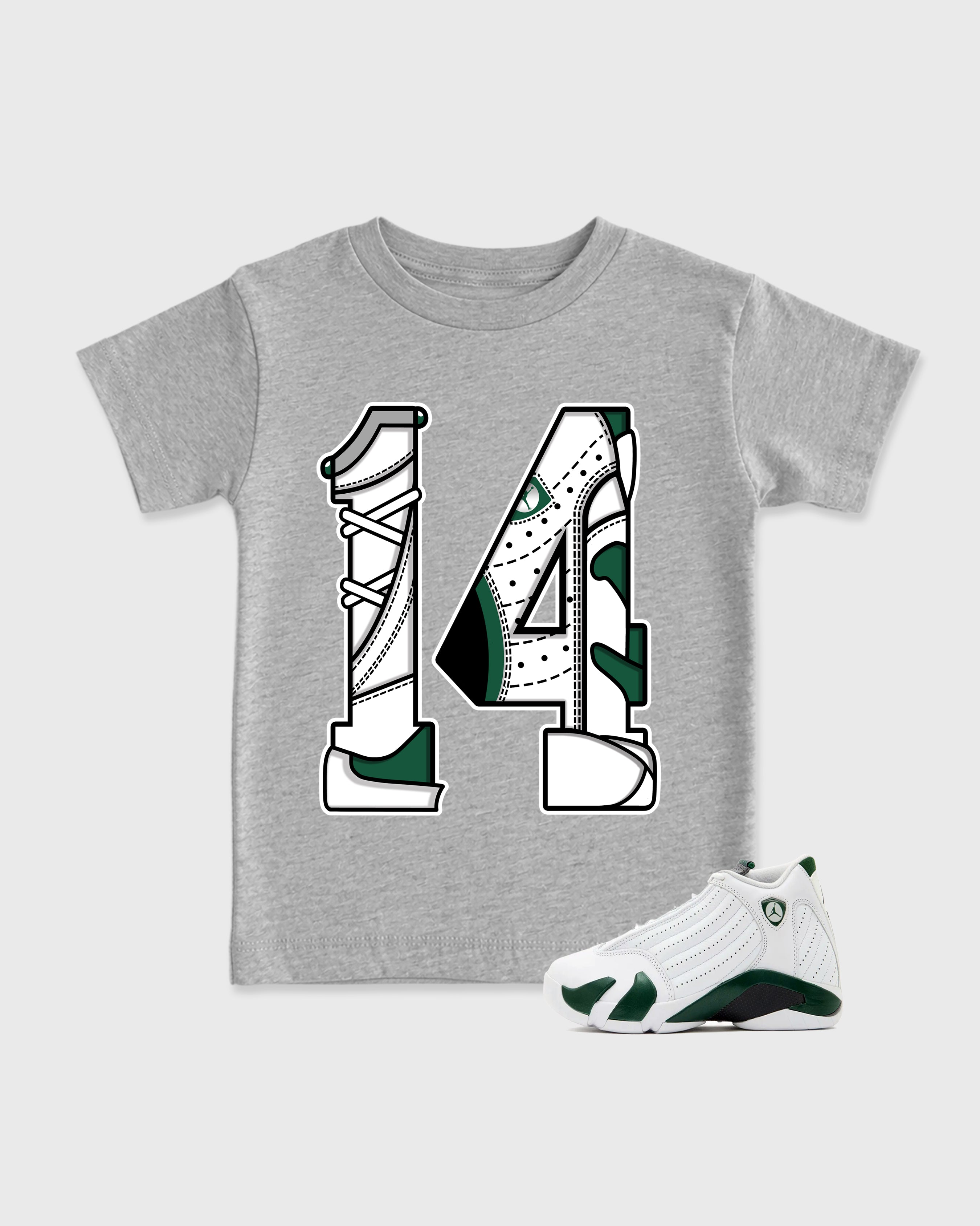 Number 14 Baby & Kids Graphic T-Shirt featuring original artwork designed to match the Air Jordan 14 Forest Green. Heather Grey 1 Kids Graphic Tee.