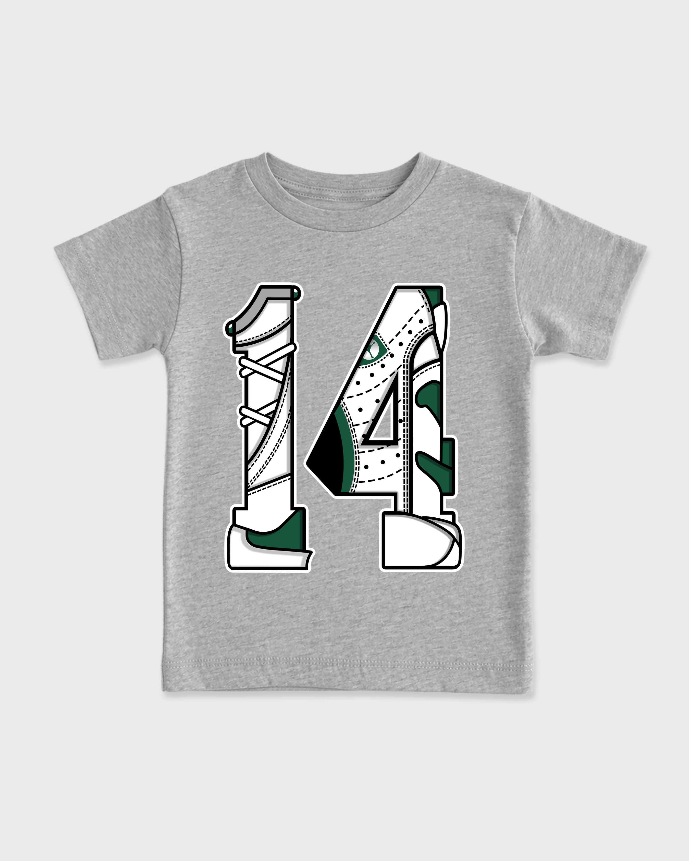 Number 14 Baby & Kids Graphic T-Shirt featuring original artwork designed to match the Air Jordan 14 Forest Green. Heather Grey 2 Kids Graphic Tee.