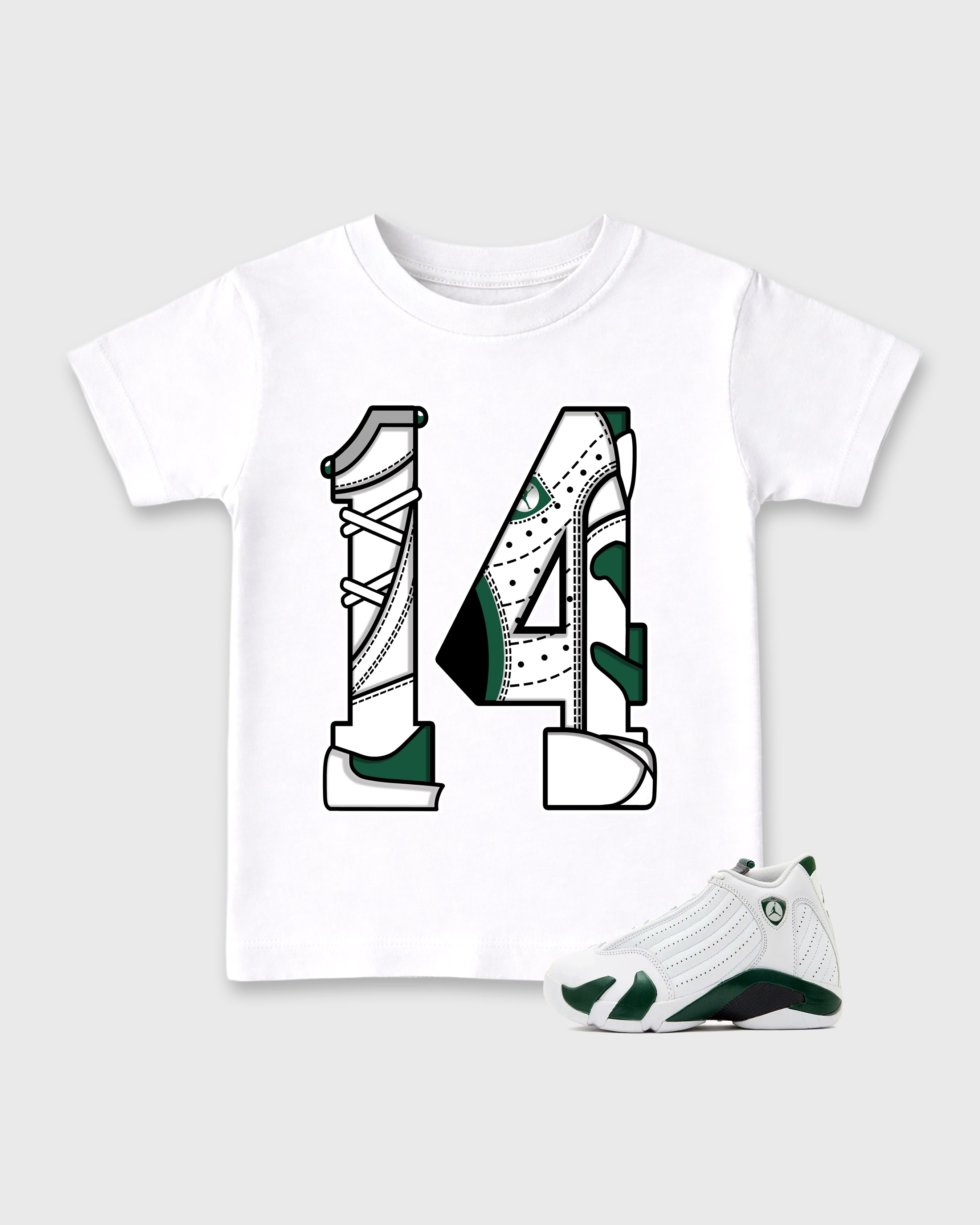 Number 14 Baby & Kids Graphic T-Shirt featuring original artwork designed to match the Air Jordan 14 Forest Green. White 1 Kids Graphic Tee.