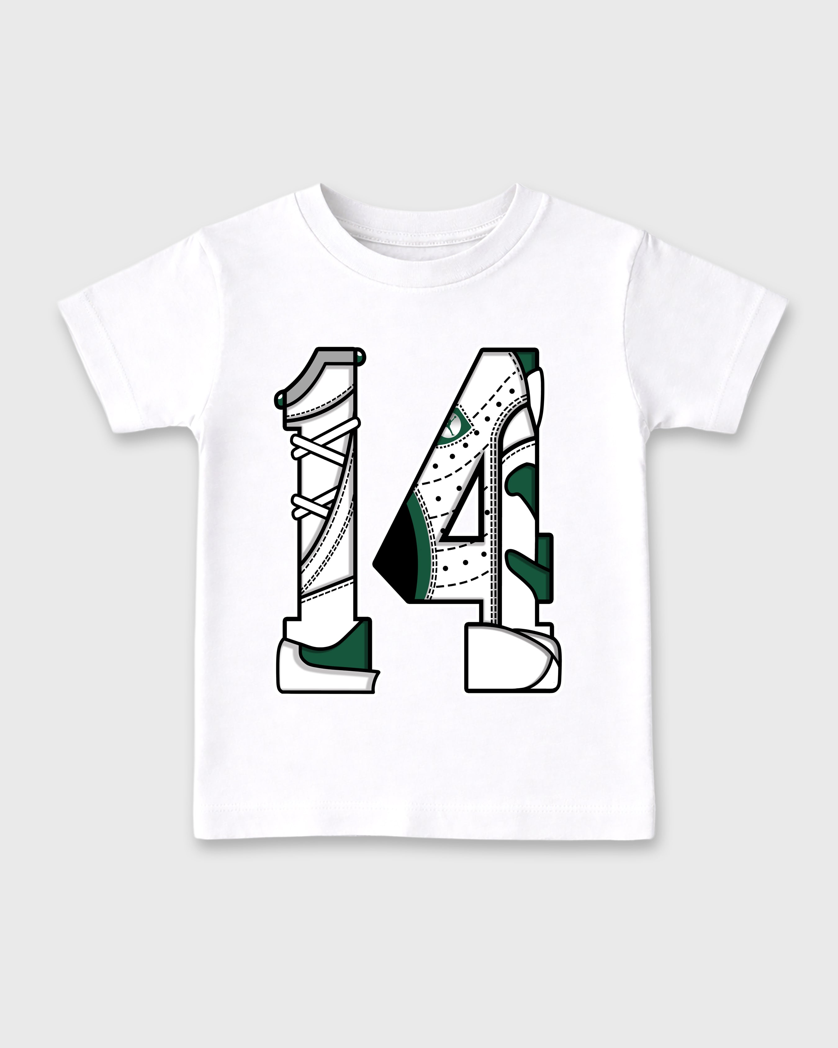 Number 14 Baby & Kids Graphic T-Shirt featuring original artwork designed to match the Air Jordan 14 Forest Green. White 2 Kids Graphic Tee.