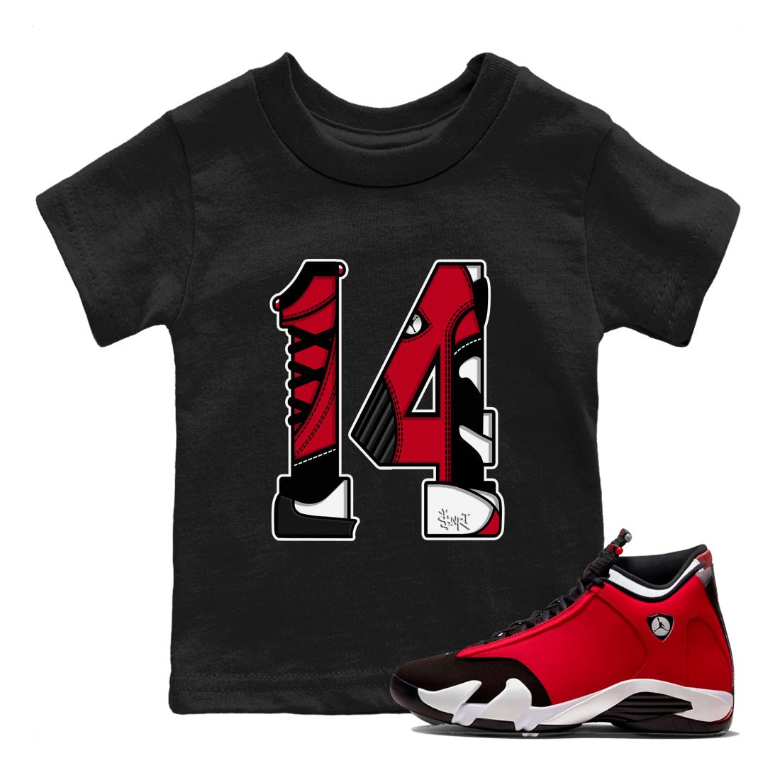 Air Jordan 14 Gym Red t shirts to match sneakers Number 14 sneaker match tees Gym Red 14s shirt SNRT Sneaker Tees Youth Baby Black 1 tee