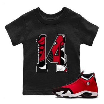Air Jordan 14 Gym Red t shirts to match sneakers Number 14 sneaker match tees Gym Red 14s shirt SNRT Sneaker Tees Youth Baby Black 1 tee
