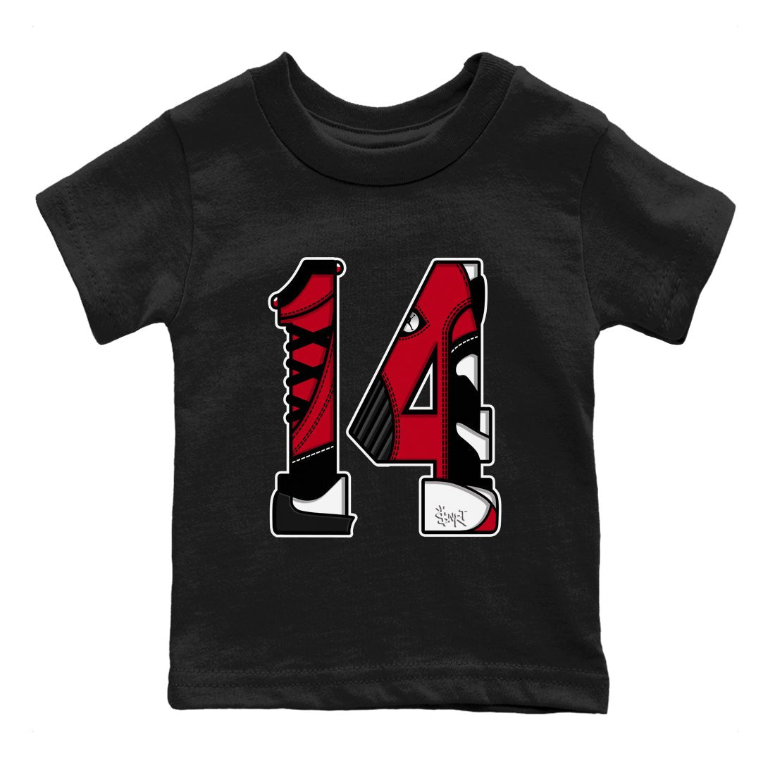 Air Jordan 14 Gym Red t shirts to match sneakers Number 14 sneaker match tees Gym Red 14s shirt SNRT Sneaker Tees Youth Baby Black 2 tee