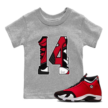 Air Jordan 14 Gym Red t shirts to match sneakers Number 14 sneaker match tees Gym Red 14s shirt SNRT Sneaker Tees Youth Baby Heather Grey 1 tee