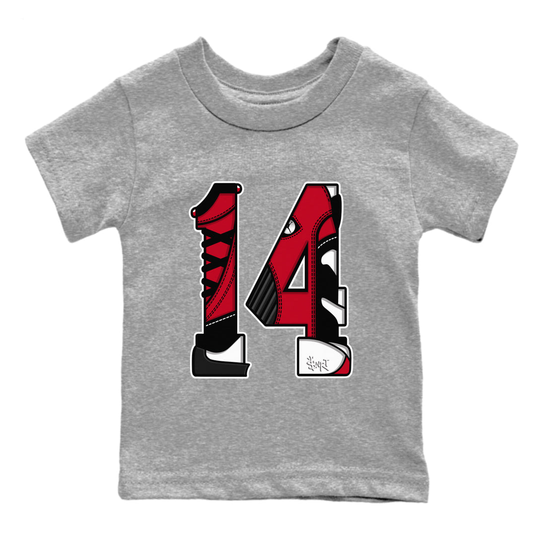 Air Jordan 14 Gym Red t shirts to match sneakers Number 14 sneaker match tees Gym Red 14s shirt SNRT Sneaker Tees Youth Baby Heather Grey 2 tee