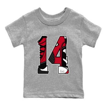 Air Jordan 14 Gym Red t shirts to match sneakers Number 14 sneaker match tees Gym Red 14s shirt SNRT Sneaker Tees Youth Baby Heather Grey 2 tee