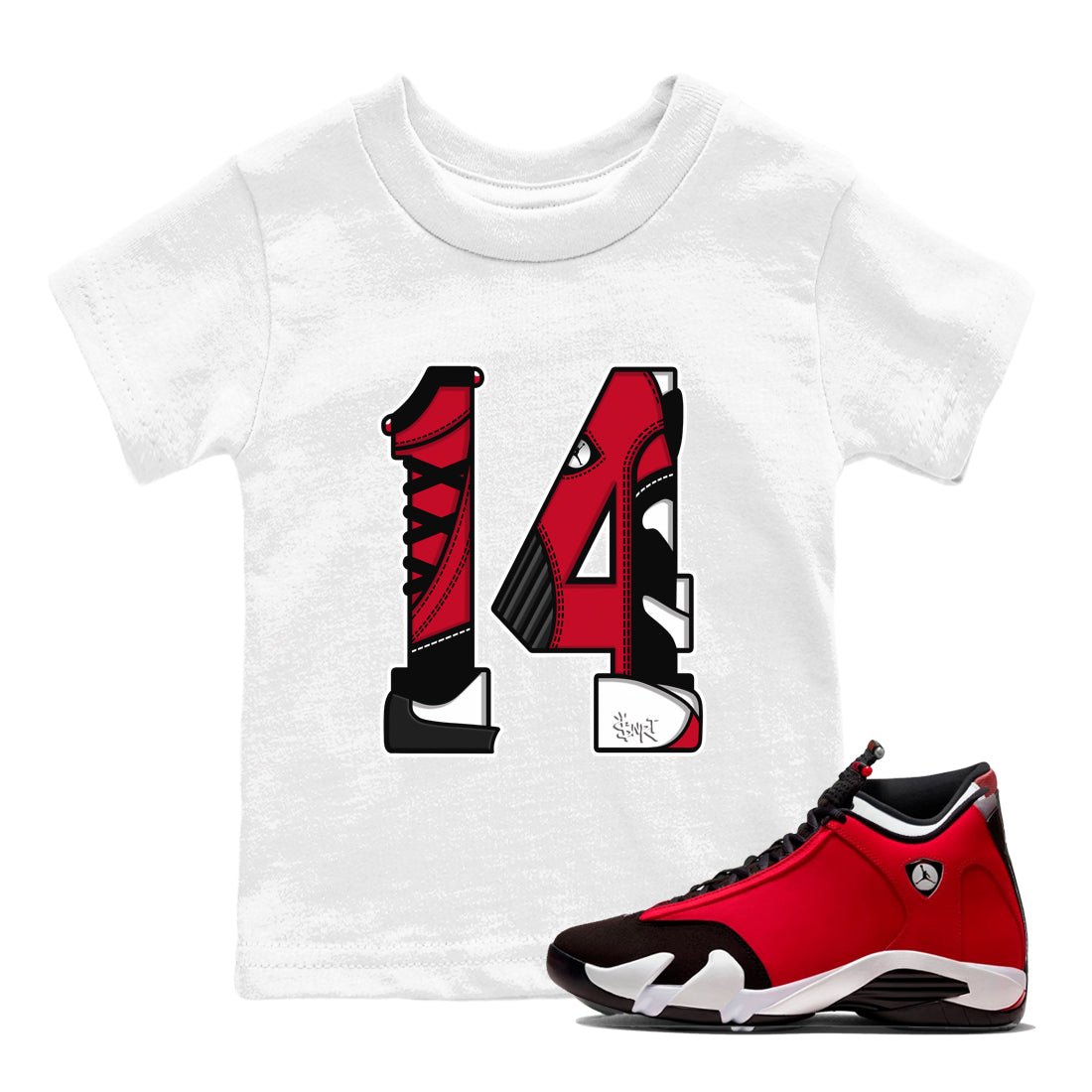 Air Jordan 14 Gym Red t shirts to match sneakers Number 14 sneaker match tees Gym Red 14s shirt SNRT Sneaker Tees Youth Baby White 1 tee