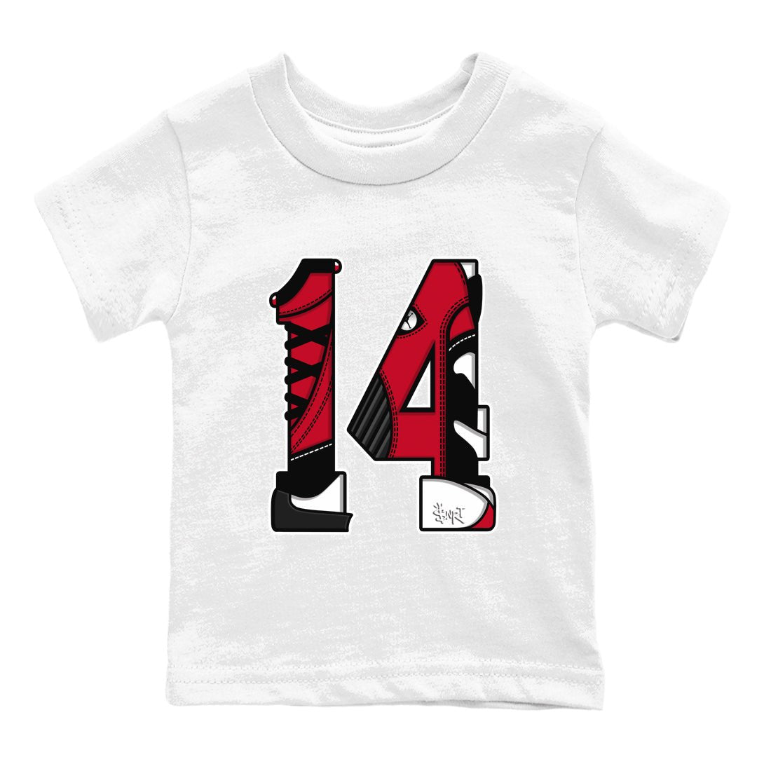 Air Jordan 14 Gym Red t shirts to match sneakers Number 14 sneaker match tees Gym Red 14s shirt SNRT Sneaker Tees Youth Baby White 2 tee