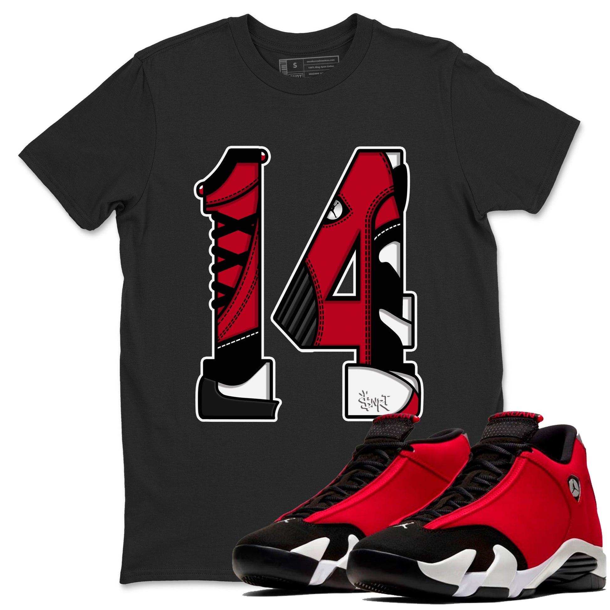 Air Jordan 14 Gym Red t shirts to match sneakers Number 14 sneaker match tees Gym Red 14s shirt SNRT Sneaker Tees unisex cotton Black 1 shirts