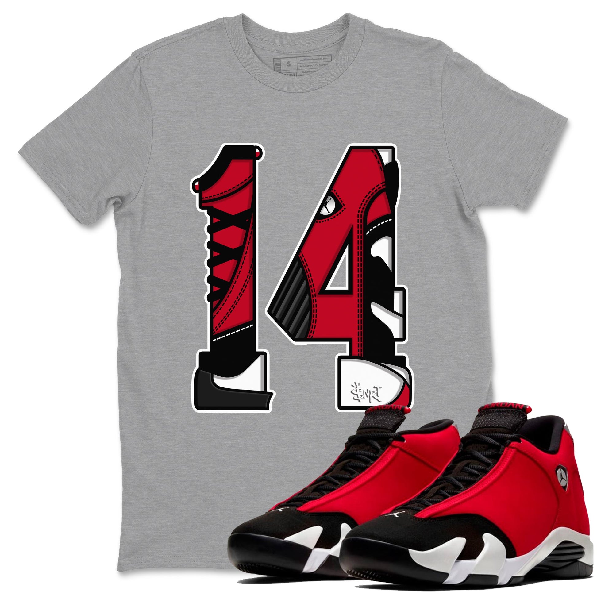 Air Jordan 14 Gym Red t shirts to match sneakers Number 14 sneaker match tees Gym Red 14s shirt SNRT Sneaker Tees unisex cotton Heather Grey 1 shirts