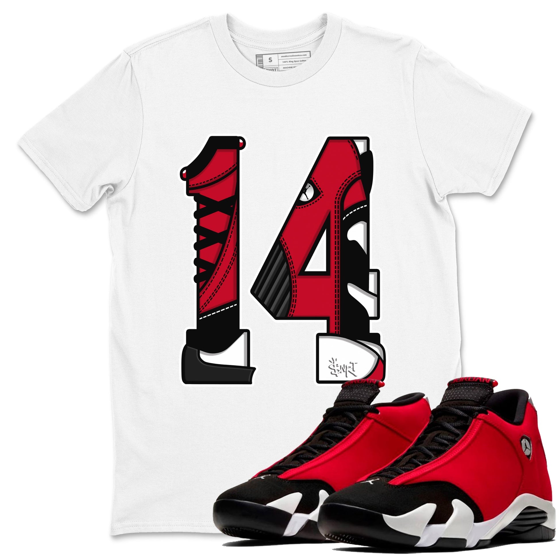 Air Jordan 14 Gym Red t shirts to match sneakers Number 14 sneaker match tees Gym Red 14s shirt SNRT Sneaker Tees unisex cotton White 1 shirts