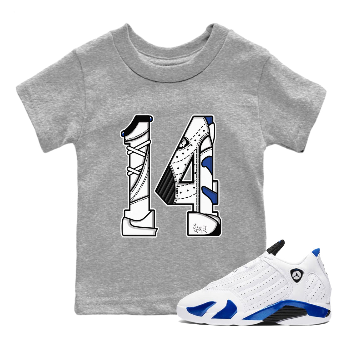 14s Hyper Royal t shirts to match sneakers Number 14 sneaker match tees Air Jordan 14 Hyper Royal shirt SNRT Sneaker Tees Youth Baby Heather Grey 1 tee