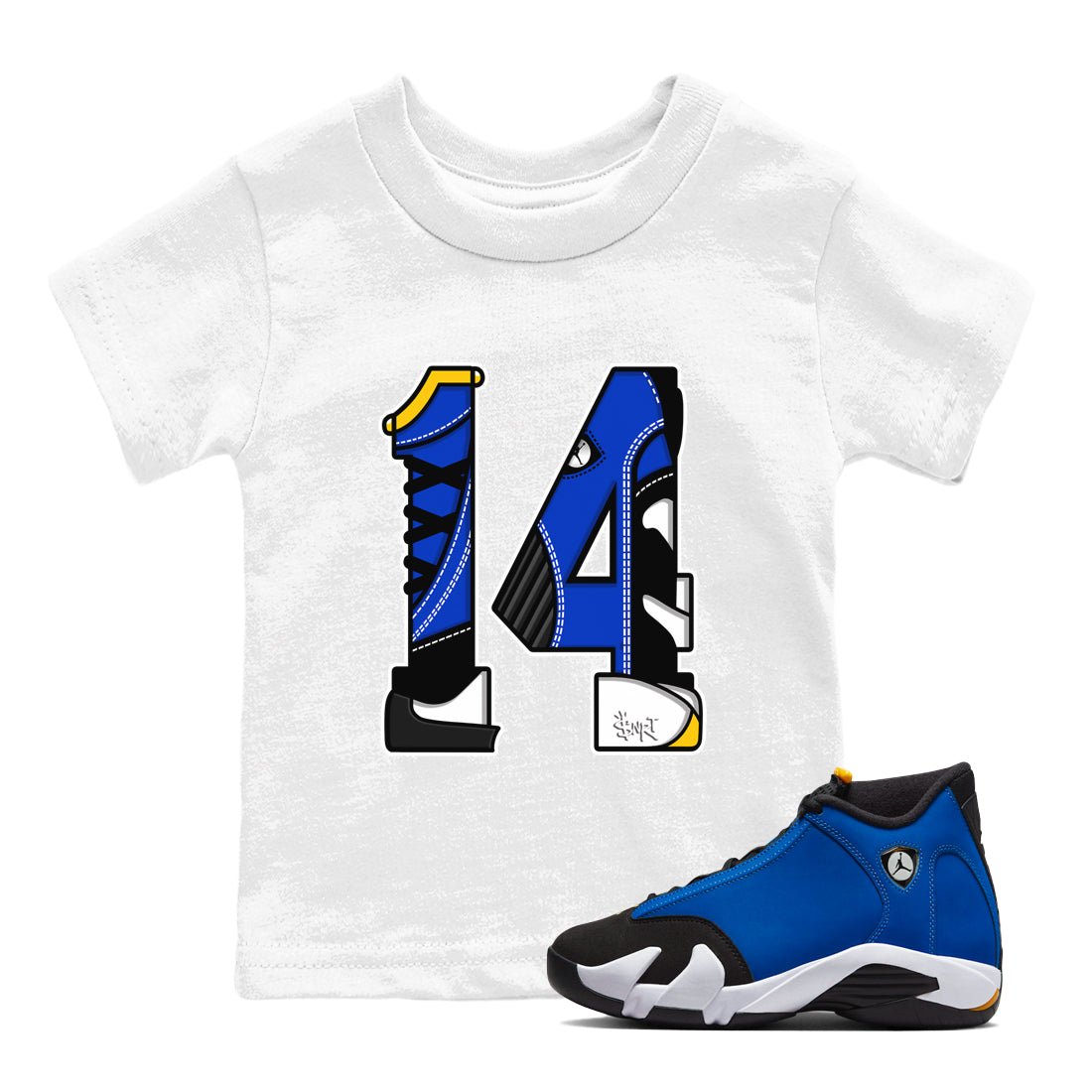 14s Laney t shirts to match sneakers Number 14 sneaker match tees Air Jordan 14 Laney shirt SNRT Sneaker Tees Youth Baby White 1 tee