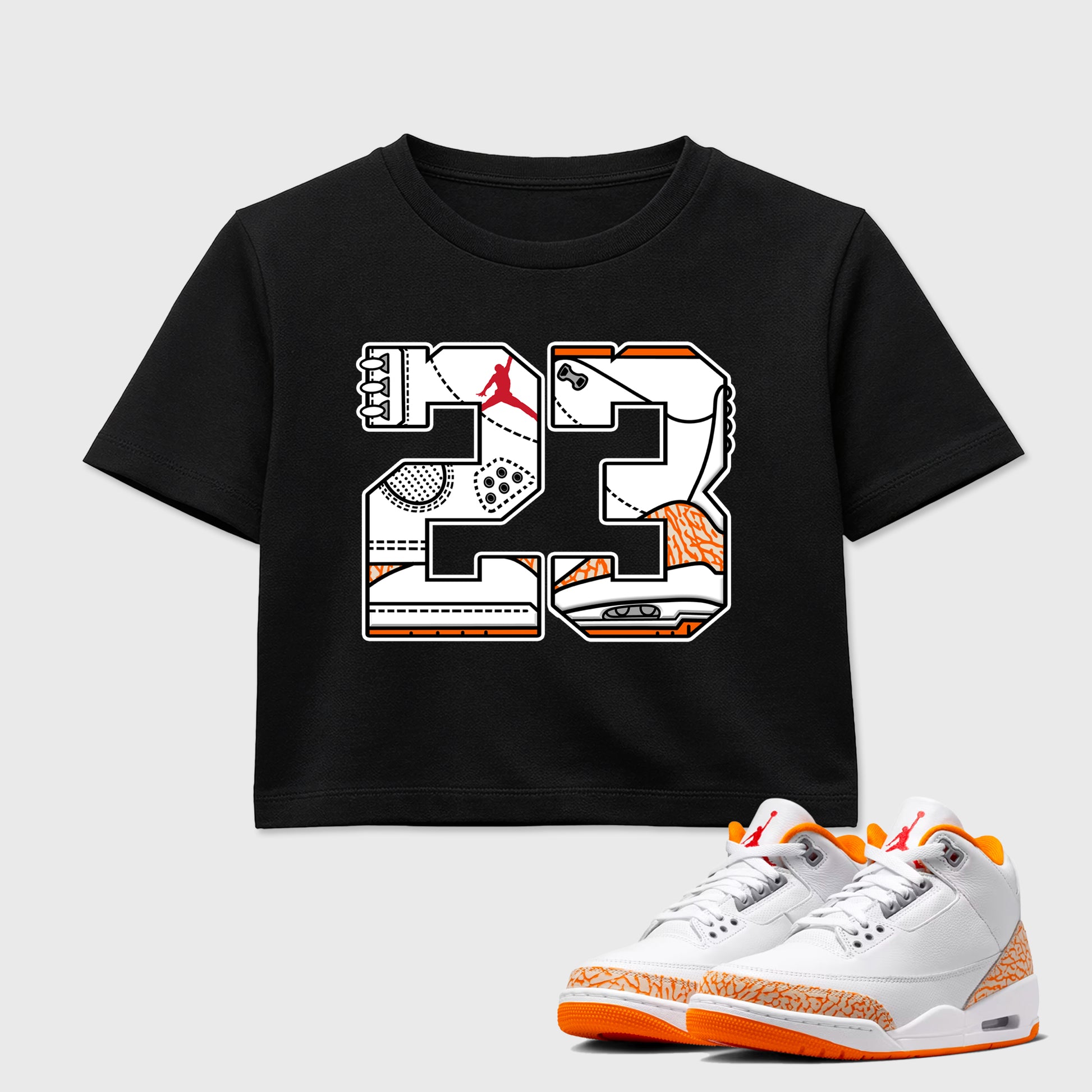 Sneaker match tees – Sneaker Tees To Match Air Jordan 3 Orange Citrus Shoes – Number 23 Crop T-Shirt Black 1