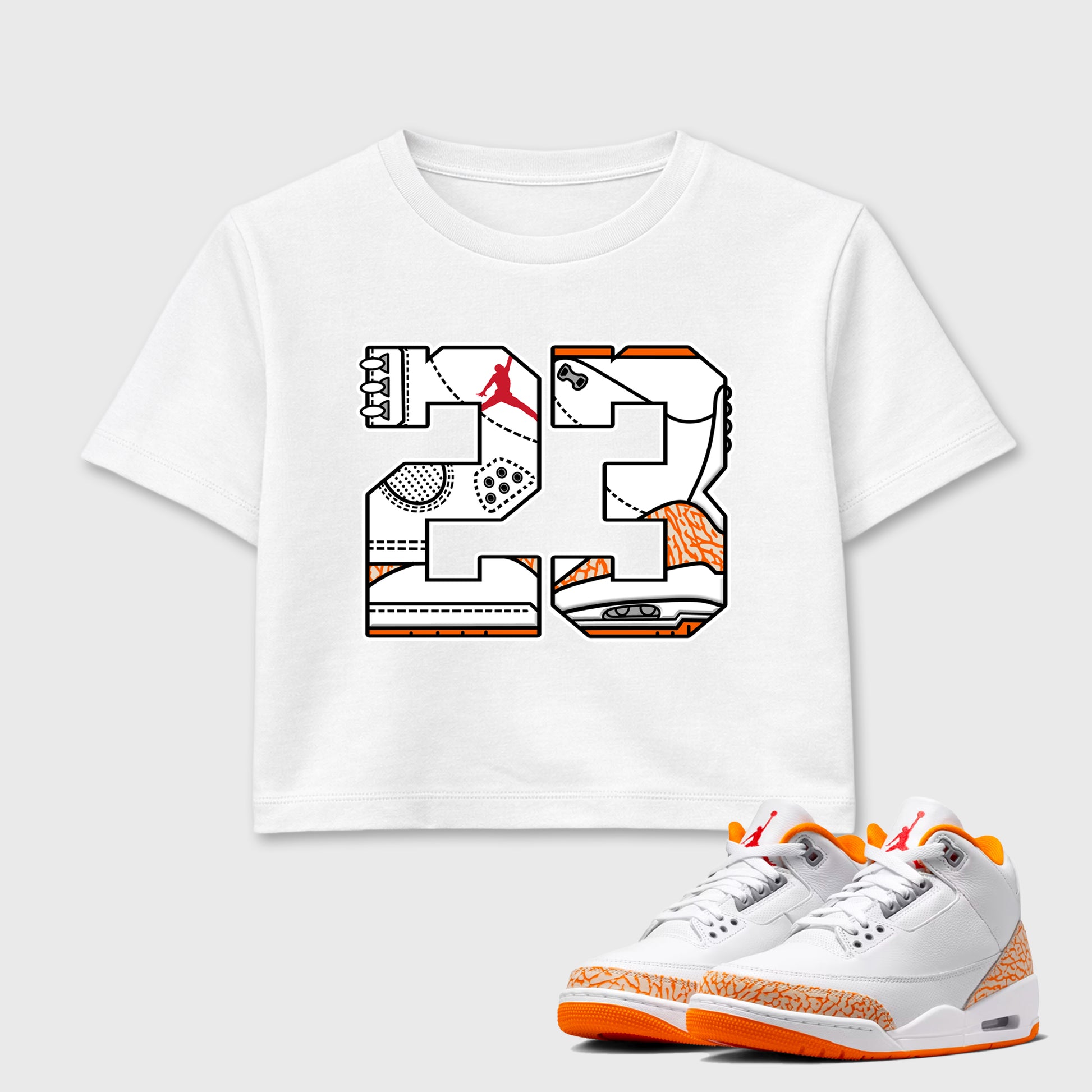 Sneaker match tees – Sneaker Tees To Match Air Jordan 3 Orange Citrus Shoes – Number 23 Crop T-Shirt White 1