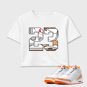 Sneaker match tees – Sneaker Tees To Match Air Jordan 3 Orange Citrus Shoes – Number 23 Crop T-Shirt White 1