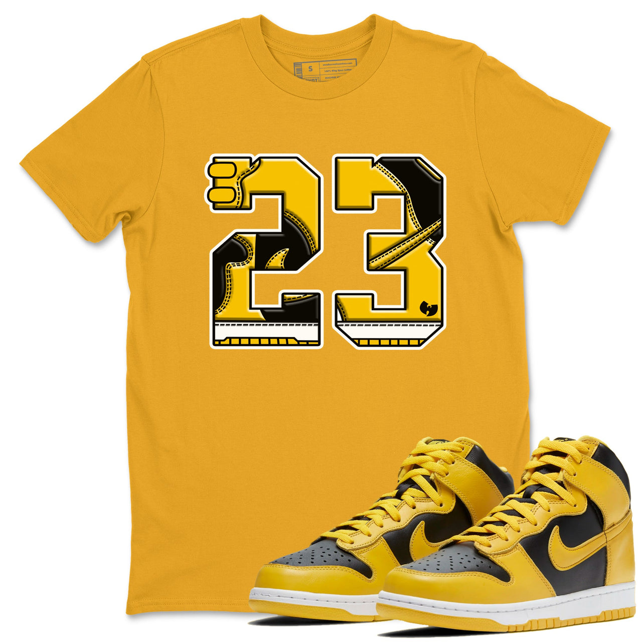 Dunk High Wu Tang shirts to match jordans Number 23 sneaker match tees Dunk High Wu Tang match shoes to clothes SNRT Sneaker Tees unisex cotton Gold 1 shirts