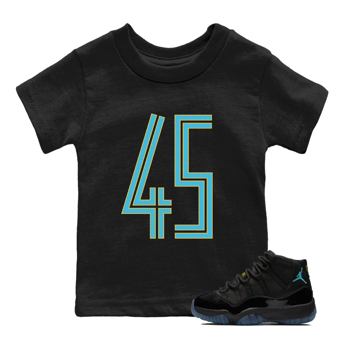 Sneaker Threads – Sneaker Tees To Match Air Jordan 11 Retro Gamma – Number 45 Youth Graphic Tee Black 1. Perfect for Jordan releases 2025 colorways.