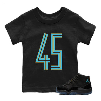 Sneaker Threads – Sneaker Tees To Match Air Jordan 11 Retro Gamma – Number 45 Youth Graphic Tee Black 1. Perfect for Jordan releases 2025 colorways.
