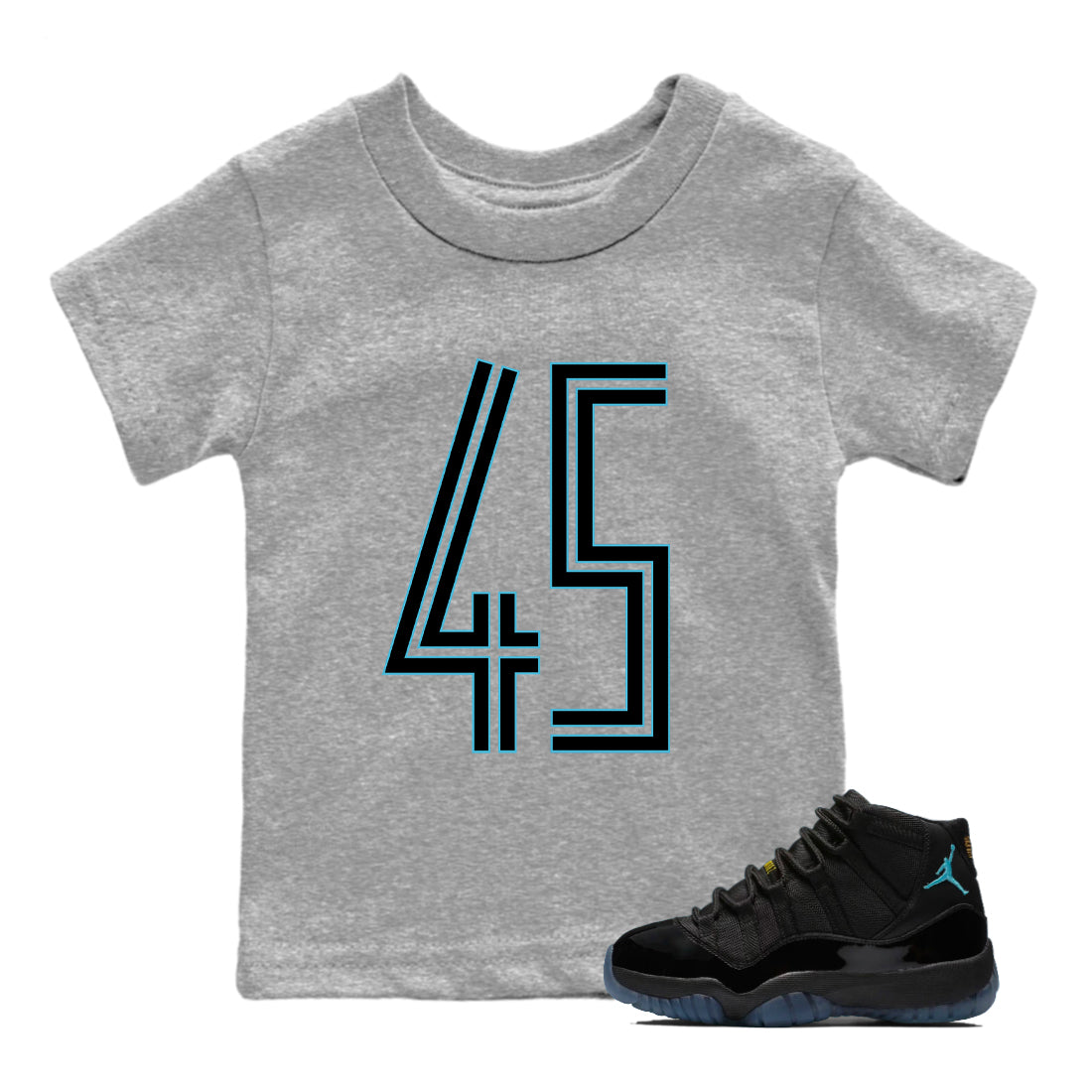 Sneaker Threads – Sneaker Tees To Match Air Jordan 11 Retro Gamma – Number 45 Youth Graphic Tee Heather Grey 1. Perfect for Jordan releases 2025 colorways.