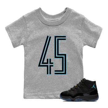 Sneaker Threads – Sneaker Tees To Match Air Jordan 11 Retro Gamma – Number 45 Youth Graphic Tee Heather Grey 1. Perfect for Jordan releases 2025 colorways.