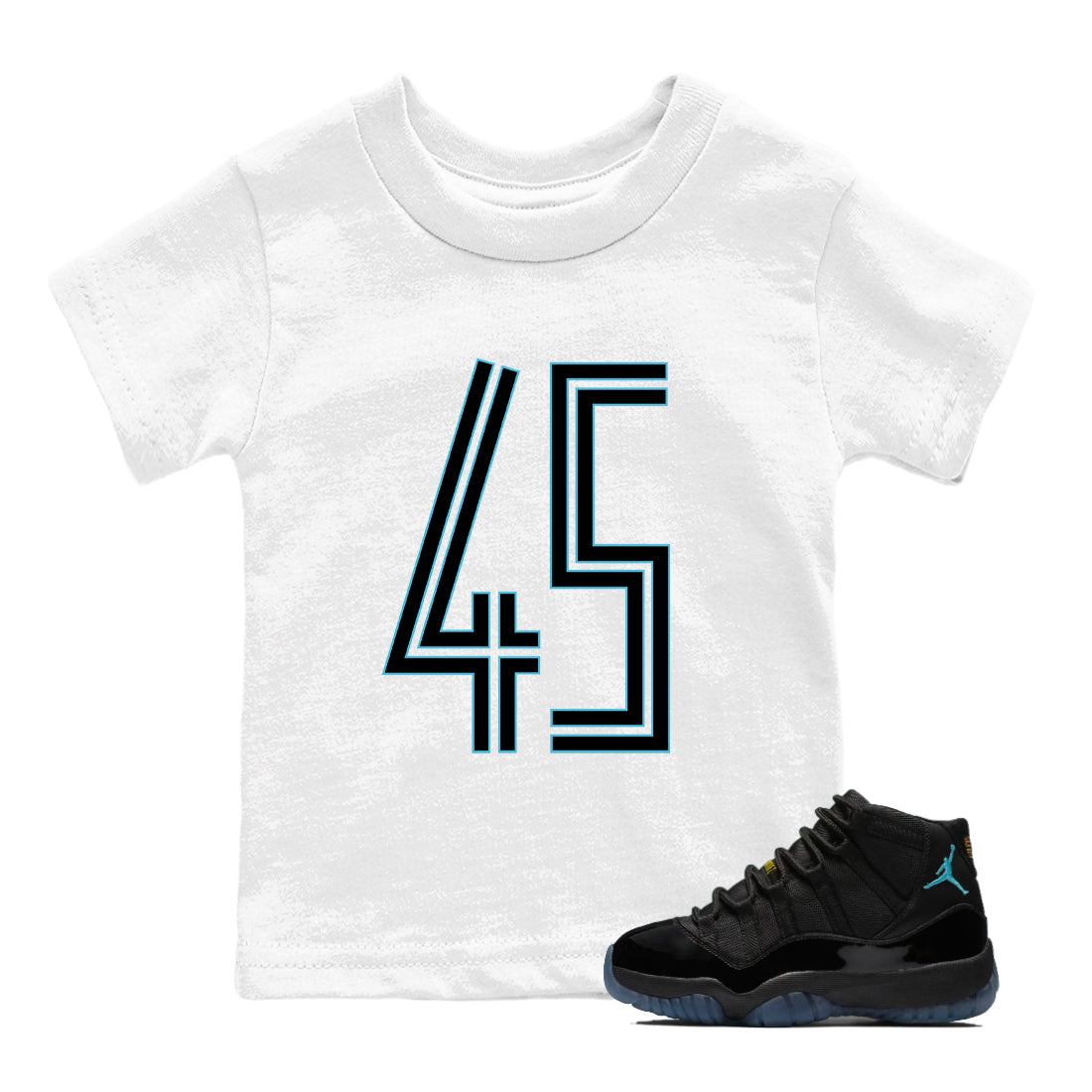 Sneaker Threads – Sneaker Tees To Match Air Jordan 11 Retro Gamma – Number 45 Youth Graphic Tee White 1. Perfect for Jordan releases 2025 colorways.