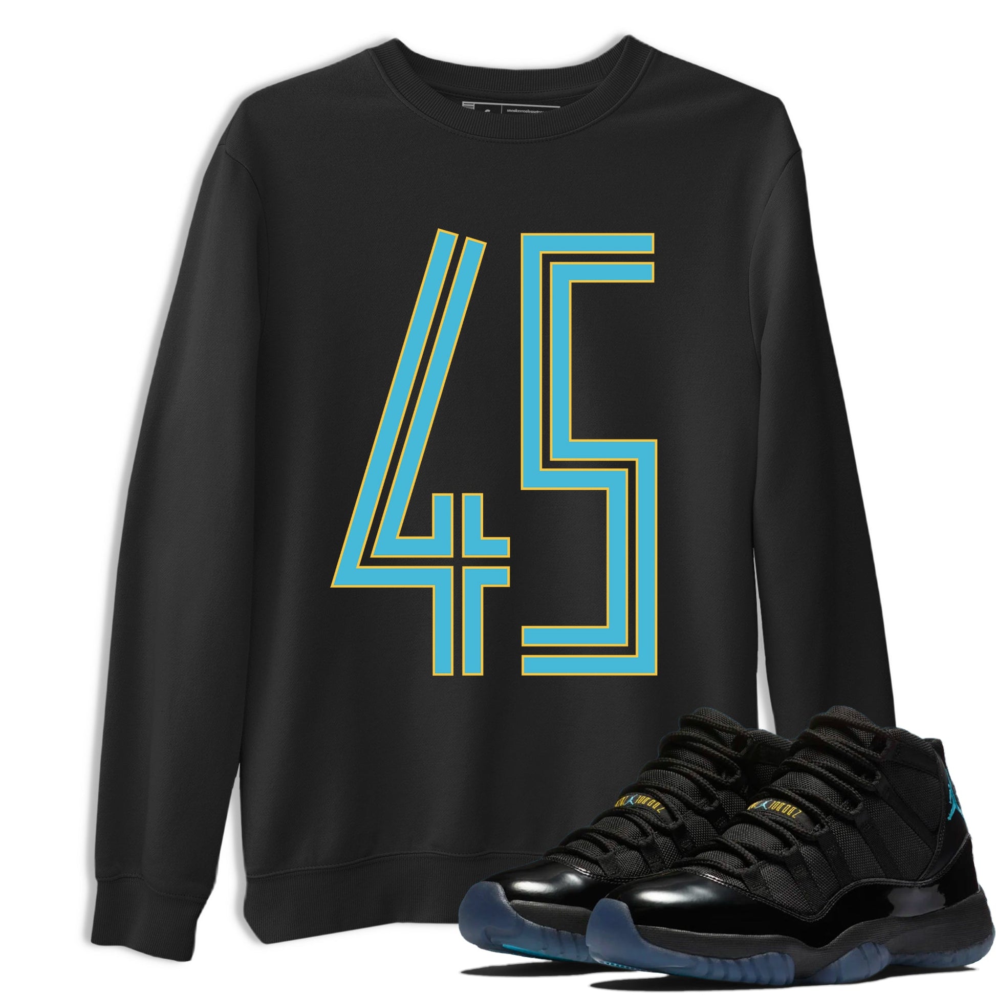 Sneaker Threads – Sneaker Tees To Match Air Jordan 11 Retro Gamma – Number 45 Graphic Tee Black 1. Perfect for Jordan releases 2025 colorways.