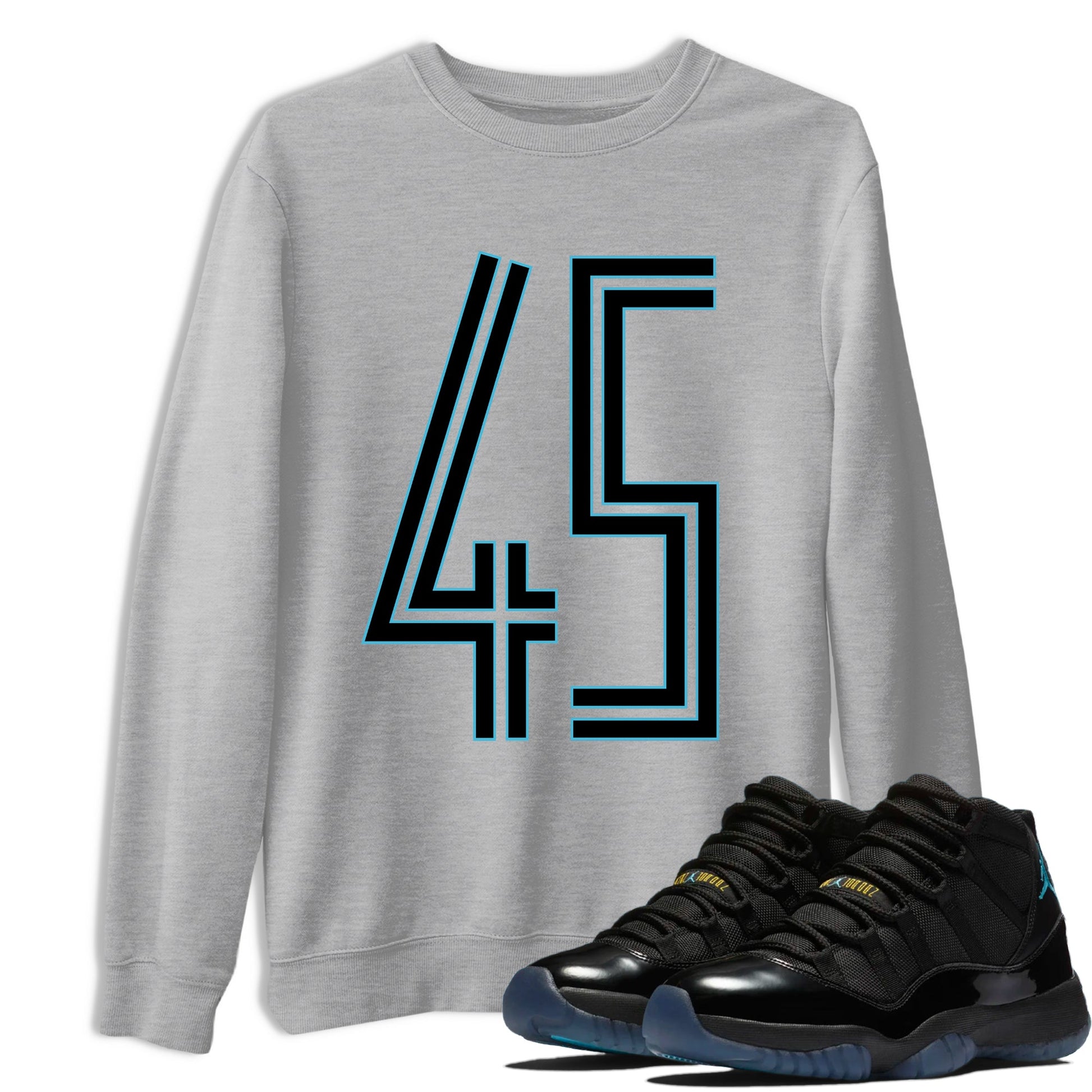 Sneaker Threads – Sneaker Tees To Match Air Jordan 11 Retro Gamma – Number 45 Graphic Tee Heather Grey 1. Perfect for Jordan releases 2025 colorways.