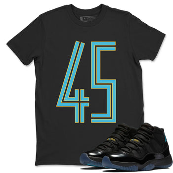 Sneaker Threads – Sneaker Tees To Match Air Jordan 11 Retro Gamma – Number 45 Graphic Tee Black 1. Perfect for Jordan releases 2025 colorways.