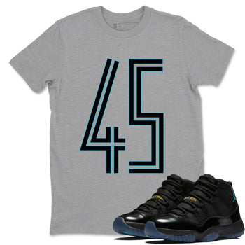 Sneaker Threads – Sneaker Tees To Match Air Jordan 11 Retro Gamma – Number 45 Graphic Tee Heather Grey 1. Perfect for Jordan releases 2025 colorways.