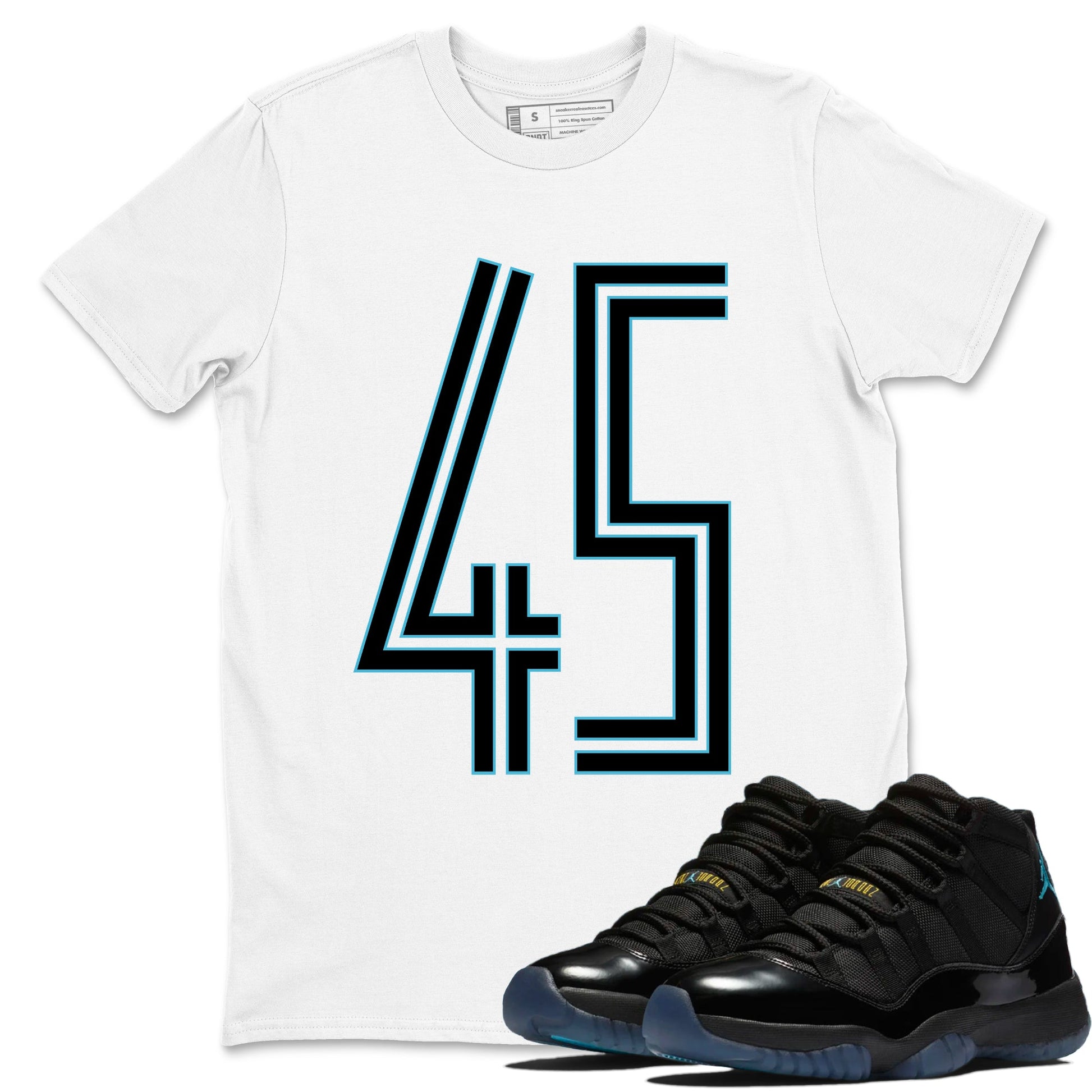 Sneaker Threads – Sneaker Tees To Match Air Jordan 11 Retro Gamma – Number 45 Graphic Tee White 1. Perfect for Jordan releases 2025 colorways.
